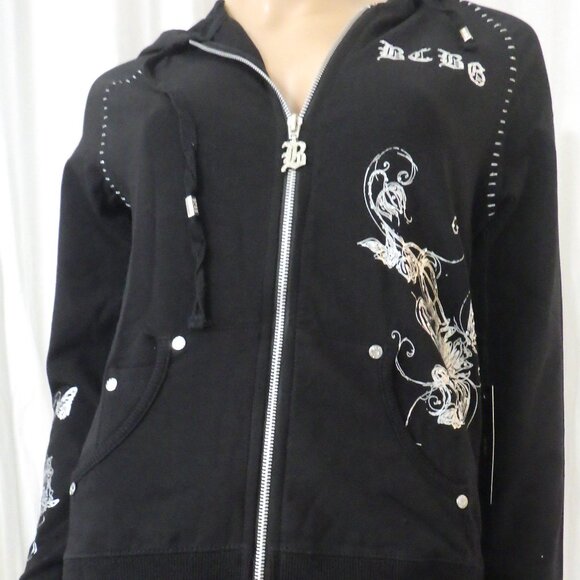 NWT BCBG sz SM MED LG XL 95% cotton BLACK SILVER BUTTERFLY & VINE 2PC TRACKSUIT - Picture 4 of 16